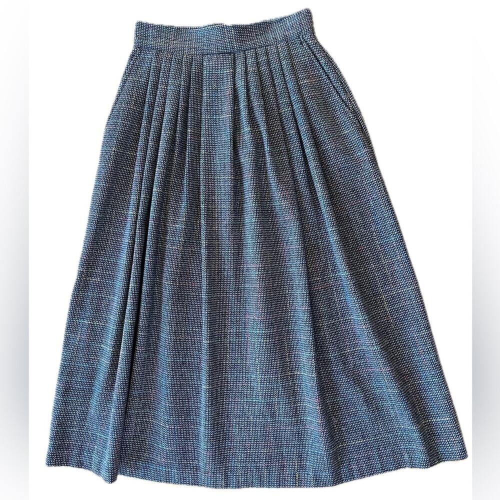 Vintage Gray Wool Herringbone Tweed Pleated Knit Maxi Skirt Size Small Pockets